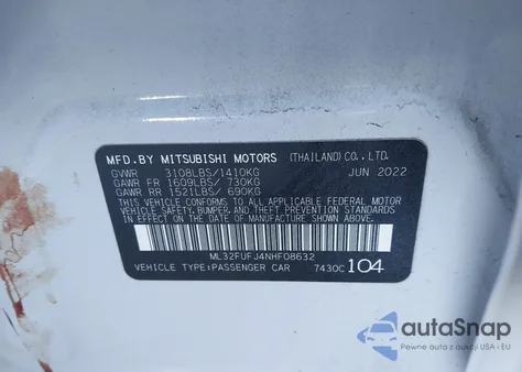 2022 Mitsubishi Mirage G4 Le z USA, uszkodzony, nr VIN ML32FUFJ4NHF08632